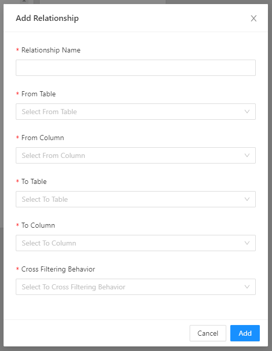 Add relationship modal showing a set of configuration fields explained below